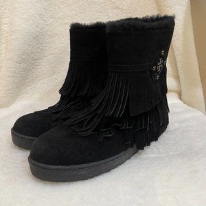 Tory Burch Collins Shearling-Lined Fringe Bootie Black